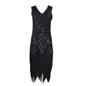 Black Beaded Flapper Dress with Fringe Hem